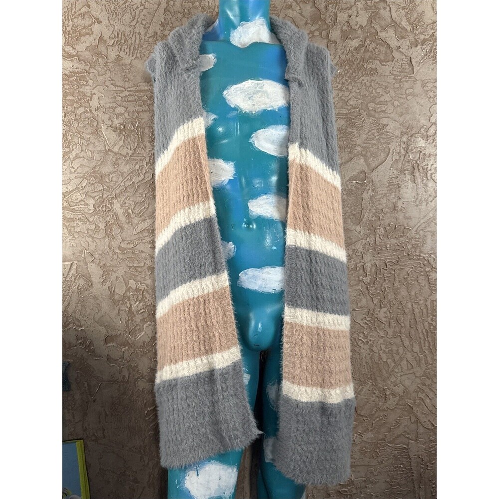 Desheng Hooded Cardigan Vest Gray Beige Striped Fuzzy Knit Sleeveless Open Front